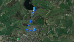 A map plotting the Recovery Walk for Staffordshire Treatment and Recovery Service, starting and ending at Haregate Community Centre in Leek, via Tittesworth Reservoir