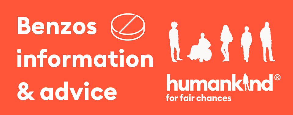 The words "benzos information and advice" are in white against a red background. To the right, there is a range of different people above the Humankind logo and the words "for fair chances"