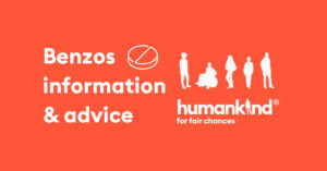 The words "benzos information and advice" are in white against a red background. To the right, there is a range of different people above the Humankind logo and the words "for fair chances"
