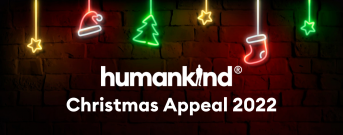 Festive lights hang above text that reads "Humankind - Christmas Appeal 2022"