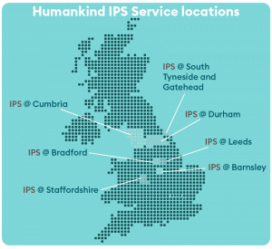 A map of the UK detailing where in England Humankind currently offers its Individual Placement Support services. The locations are: South Tyneside & Gateshead; Cumbria; Leeds; and Staffordshire