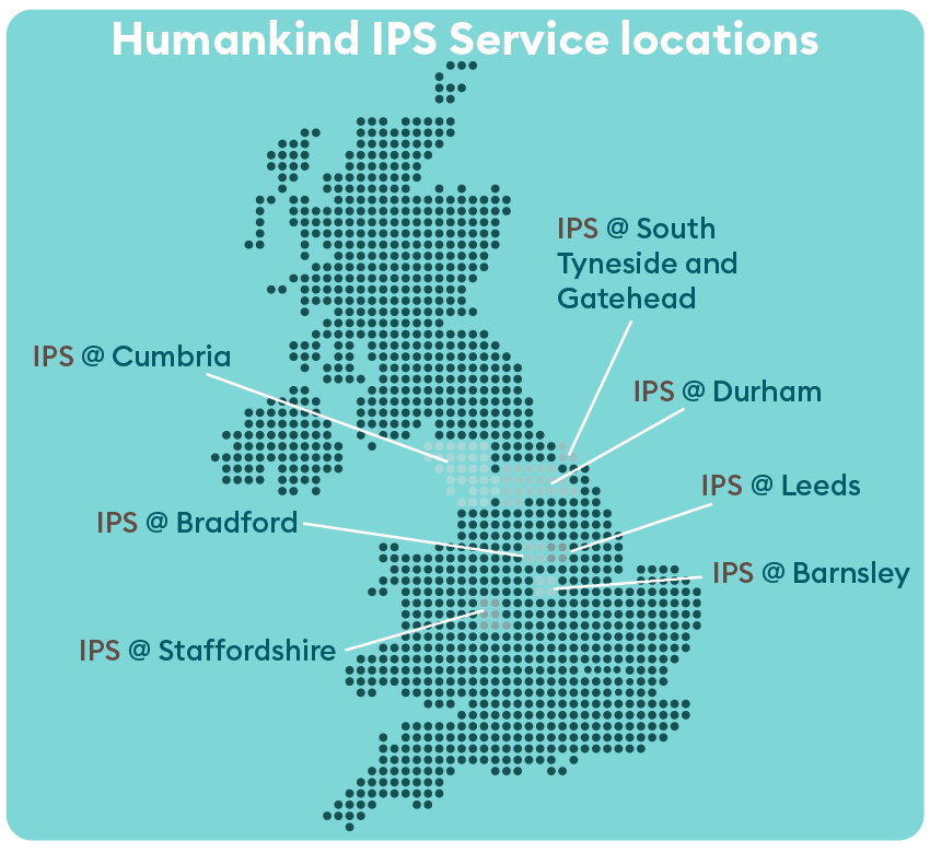Map showing that we have IPS services in Cumbria, South Tyneside, Gateshead, Durham, Leeds, Bradford, Barnsley and Staffordshire