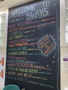 Black board in 5 WAYS service with colourful writing