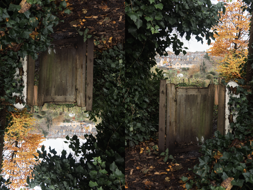On the left, there is an image of a woodland gate turned upside down. On the right, the woodland gate appears the right way up.